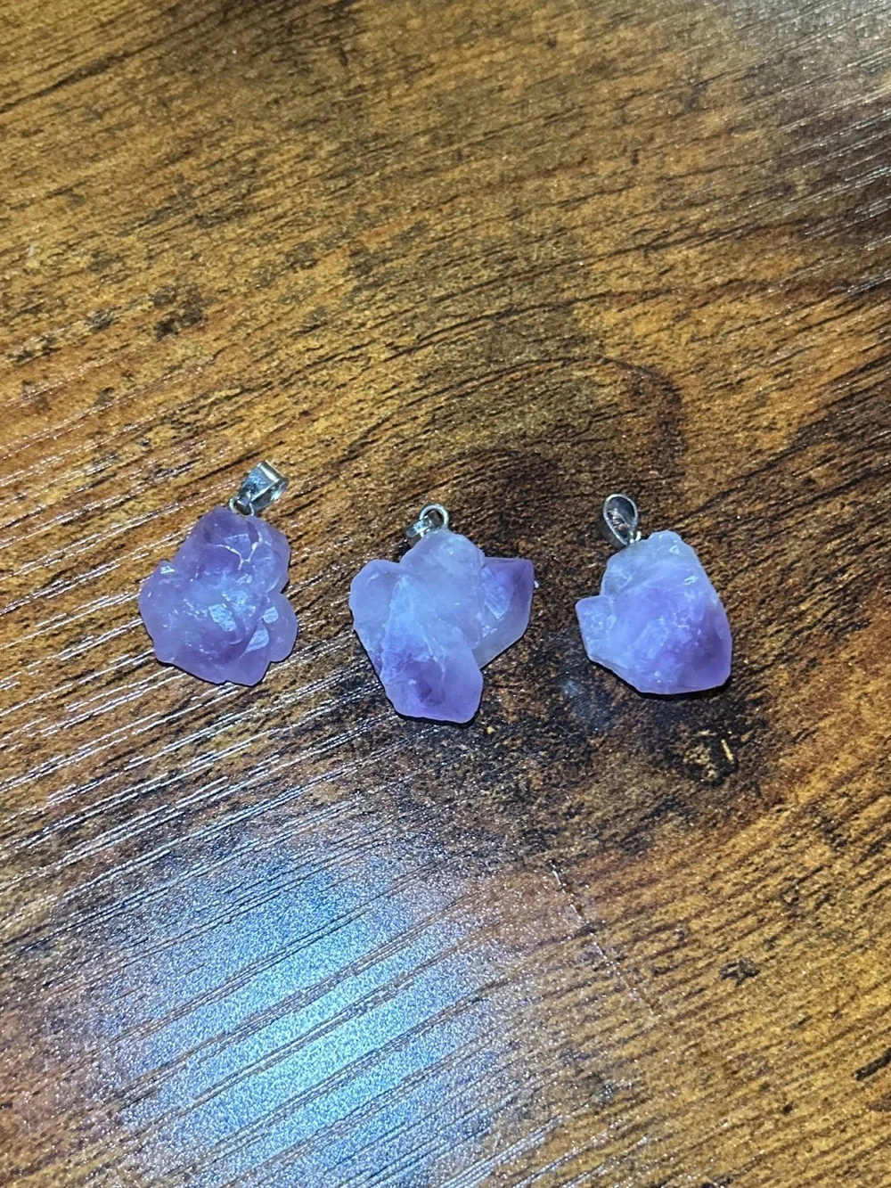 Amethyst crystal pendants, set of 3 raw stone pendants with silver-tone bails